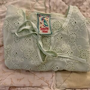 Johnny Was Mint Green Eyelet Embroidered Boho Top Oversized